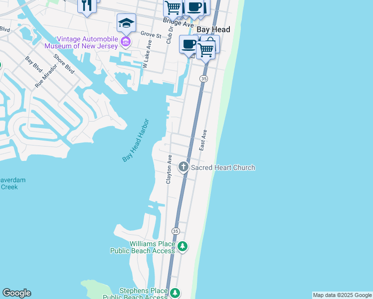 map of restaurants, bars, coffee shops, grocery stores, and more near 734 North Ocean Avenue in Bay Head