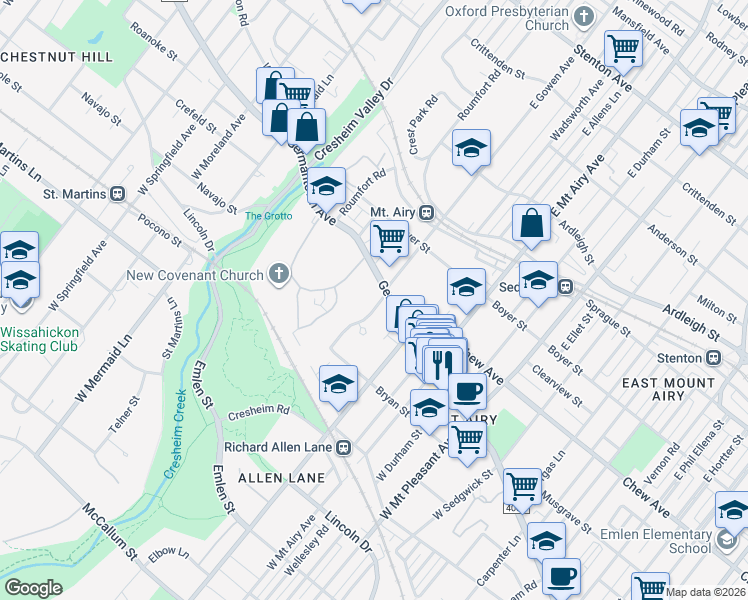 map of restaurants, bars, coffee shops, grocery stores, and more near 35 West Gowen Avenue in Philadelphia