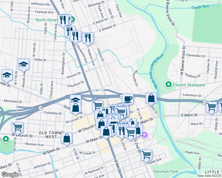 map of restaurants, bars, coffee shops, grocery stores, and more near 59 Clinton Street in Newark