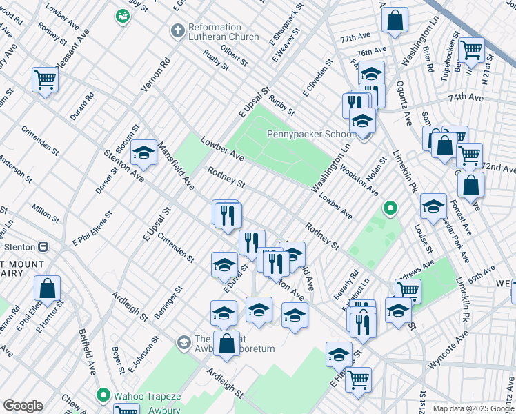 map of restaurants, bars, coffee shops, grocery stores, and more near 1519 East Johnson Street in Philadelphia