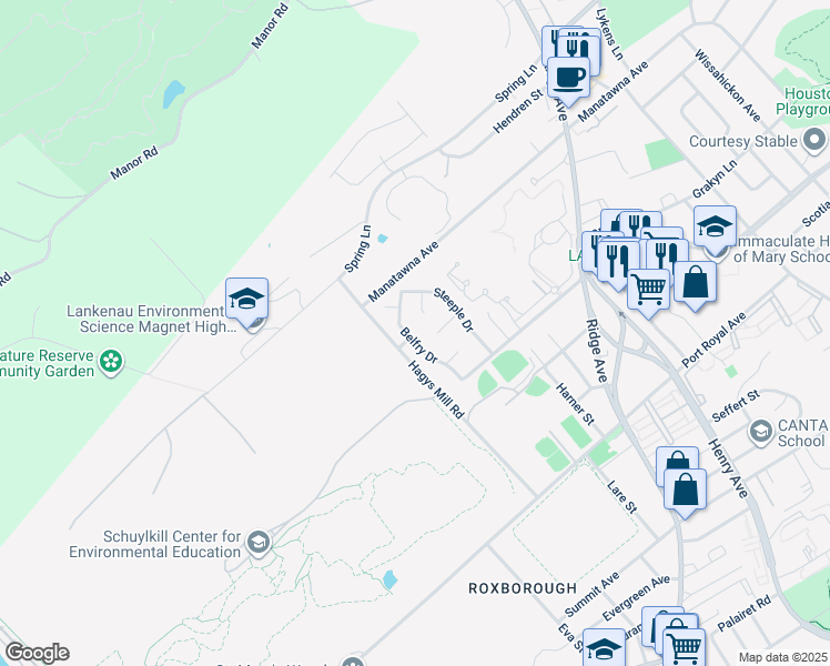 map of restaurants, bars, coffee shops, grocery stores, and more near 8635 Belfry Drive in Philadelphia