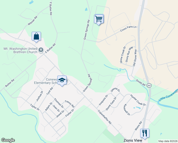 map of restaurants, bars, coffee shops, grocery stores, and more near 105 Green Springs Road in York