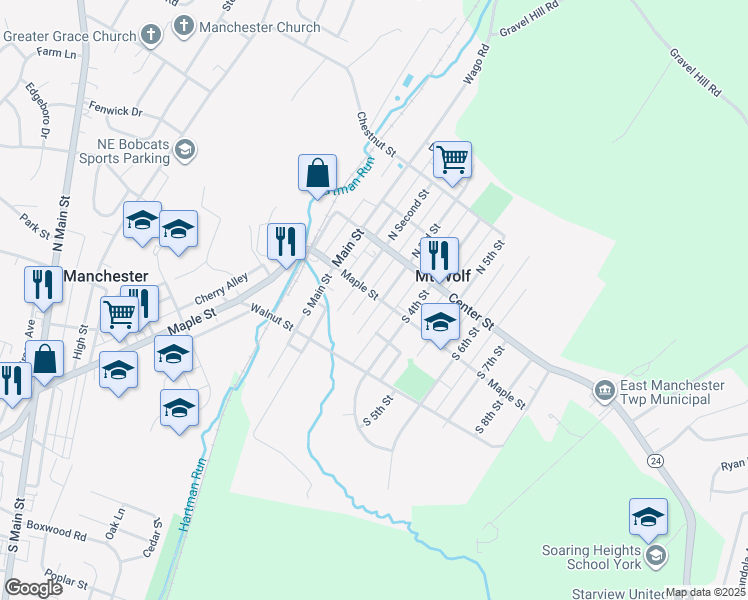 map of restaurants, bars, coffee shops, grocery stores, and more near 116 South Third Street in Manchester