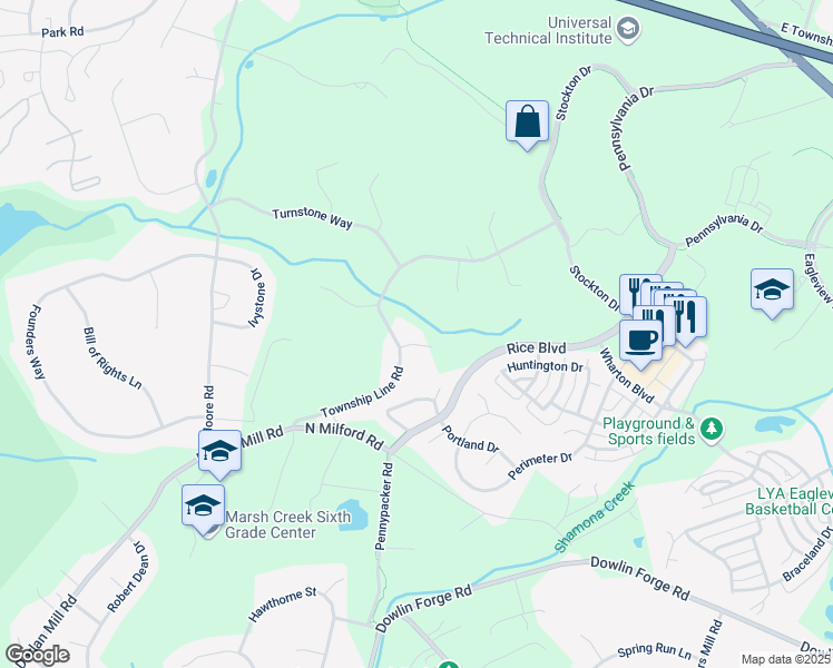 map of restaurants, bars, coffee shops, grocery stores, and more near 315 Lyndon Drive in Downingtown