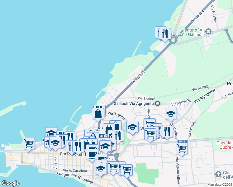 map of restaurants, bars, coffee shops, grocery stores, and more near 23 Via Brescia in Gallipoli