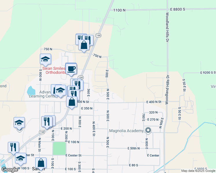 map of restaurants, bars, coffee shops, grocery stores, and more near 672 North 500 East in Payson