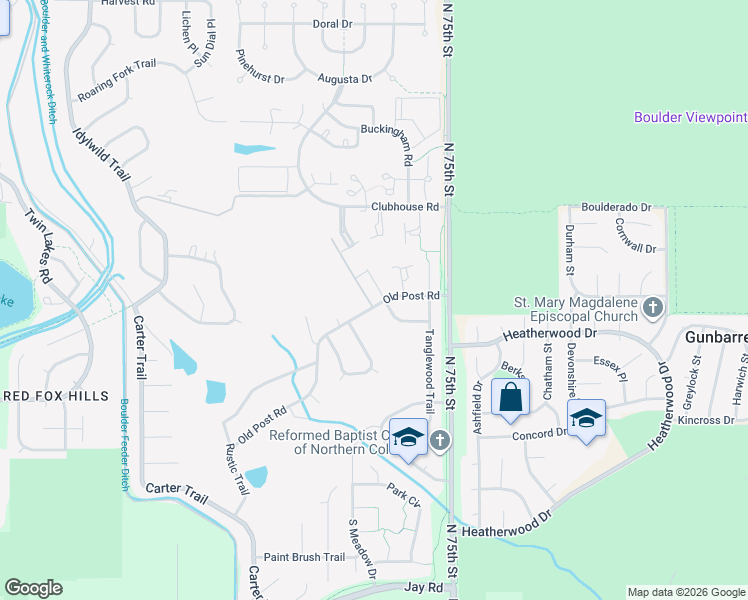 map of restaurants, bars, coffee shops, grocery stores, and more near 4797 Briar Ridge Trail in Boulder
