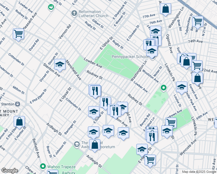 map of restaurants, bars, coffee shops, grocery stores, and more near 1521 East Johnson Street in Philadelphia