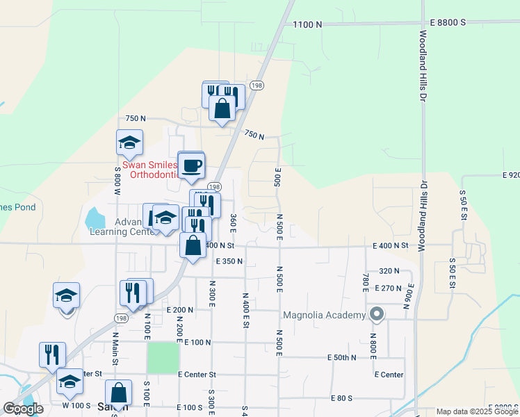 map of restaurants, bars, coffee shops, grocery stores, and more near 441 East 500 North in Salem