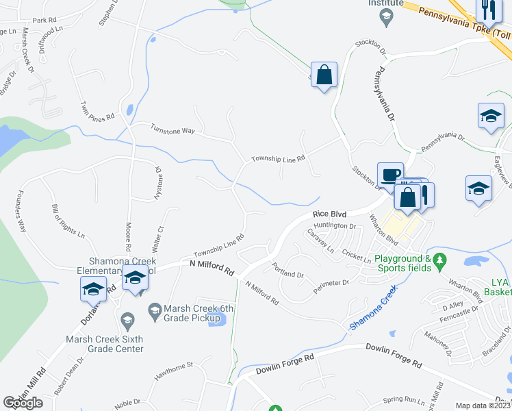 map of restaurants, bars, coffee shops, grocery stores, and more near 315 Lyndon Drive in Downingtown