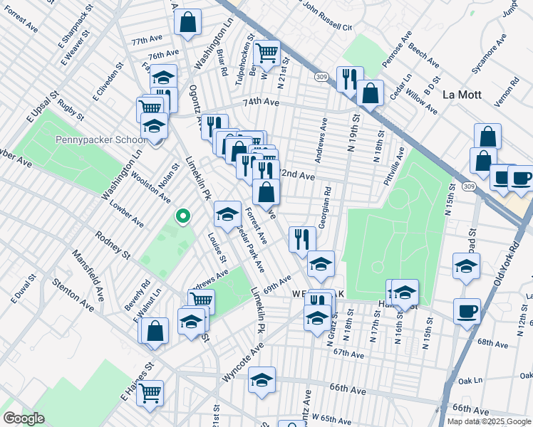 map of restaurants, bars, coffee shops, grocery stores, and more near 7112 Ogontz Avenue in Philadelphia