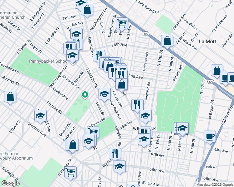 map of restaurants, bars, coffee shops, grocery stores, and more near 7069 Forrest Avenue in Philadelphia