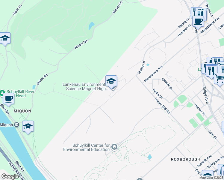 map of restaurants, bars, coffee shops, grocery stores, and more near 201 Spring Lane in Philadelphia