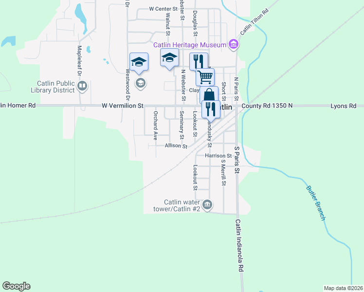 map of restaurants, bars, coffee shops, grocery stores, and more near 301 Allison Street in Catlin