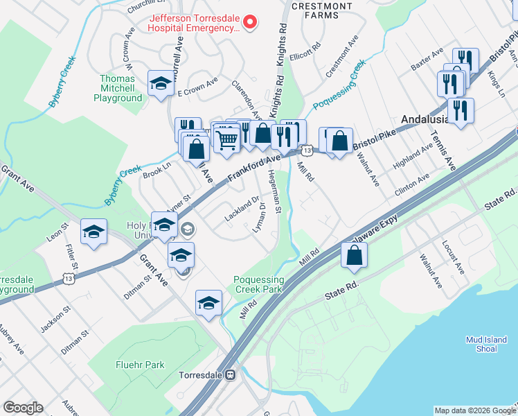 map of restaurants, bars, coffee shops, grocery stores, and more near 4212 Lackland Terrace in Philadelphia
