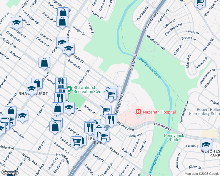 map of restaurants, bars, coffee shops, grocery stores, and more near 2338 Benson Street in Philadelphia