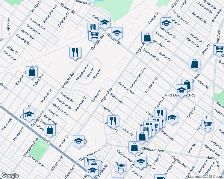 map of restaurants, bars, coffee shops, grocery stores, and more near 7804 Langdon Street in Philadelphia