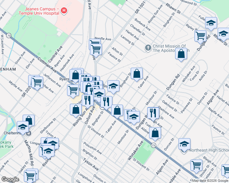 map of restaurants, bars, coffee shops, grocery stores, and more near 7340 Bingham Street in Philadelphia