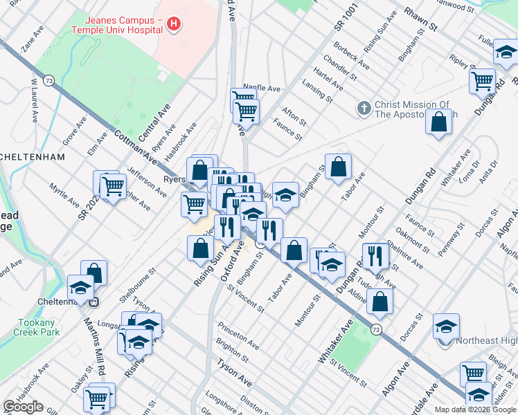map of restaurants, bars, coffee shops, grocery stores, and more near 7330 Palmetto Street in Philadelphia