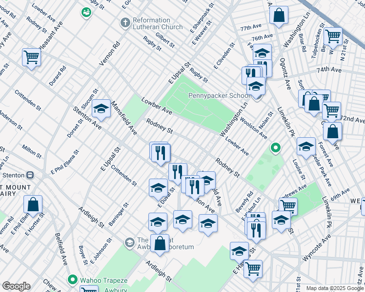 map of restaurants, bars, coffee shops, grocery stores, and more near 1521 East Johnson Street in Philadelphia