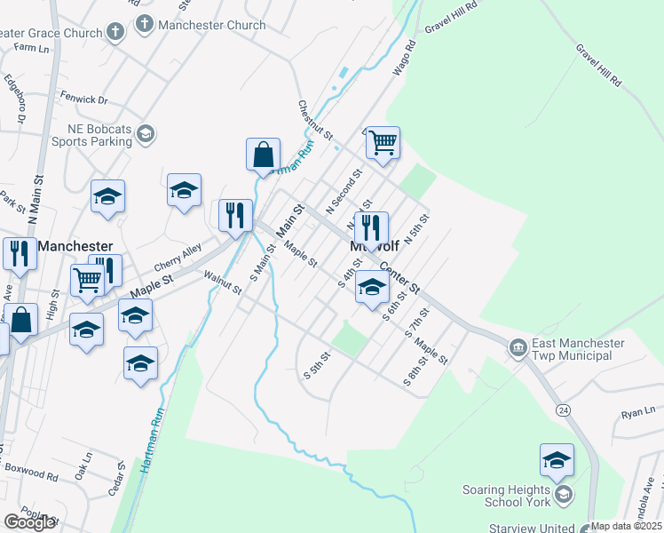map of restaurants, bars, coffee shops, grocery stores, and more near 94 South 4th Street in Mount Wolf