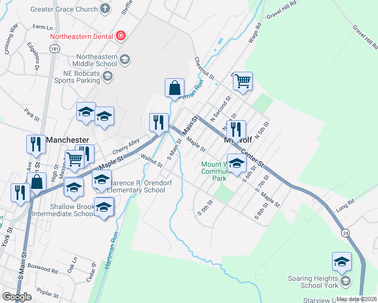 map of restaurants, bars, coffee shops, grocery stores, and more near 143 South Second Street in Mount Wolf