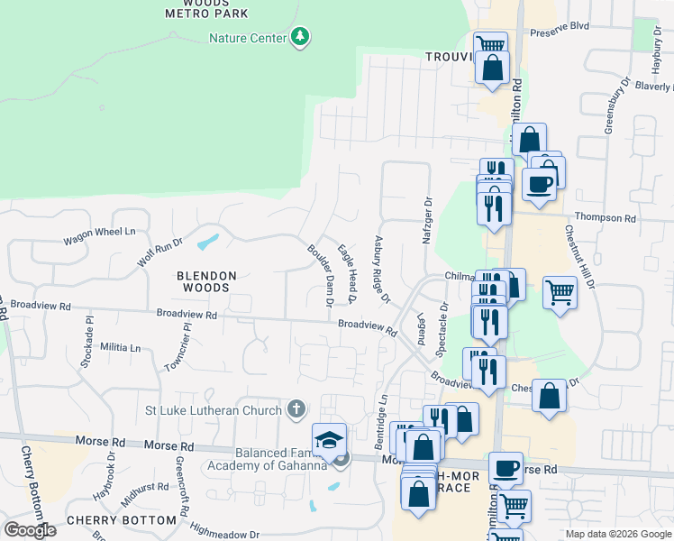 map of restaurants, bars, coffee shops, grocery stores, and more near 5612 Big Timber Court in Columbus