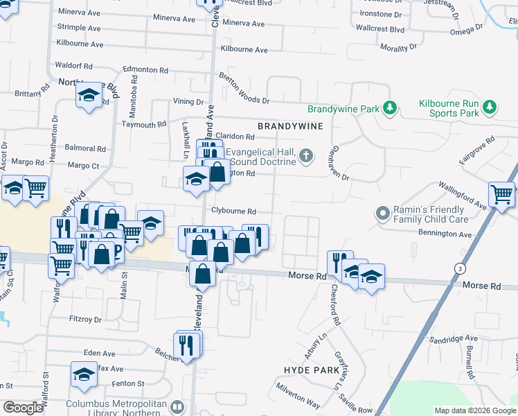 map of restaurants, bars, coffee shops, grocery stores, and more near 2597 Clybourne Road in Columbus