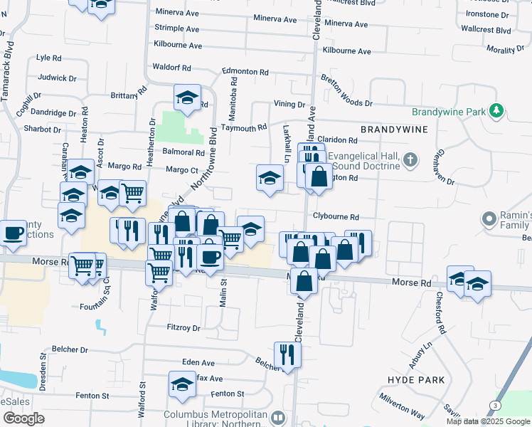 map of restaurants, bars, coffee shops, grocery stores, and more near 4549 Northland Square Drive East in Columbus