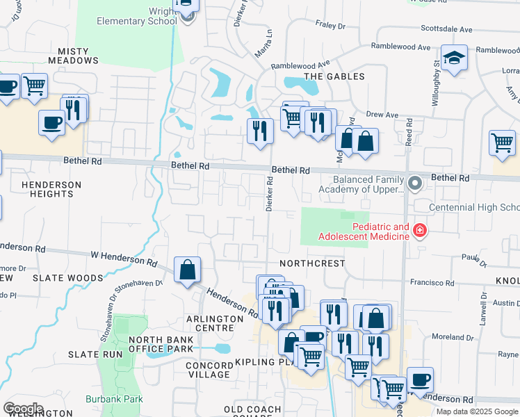 map of restaurants, bars, coffee shops, grocery stores, and more near 2102 Burgoyne Court in Columbus