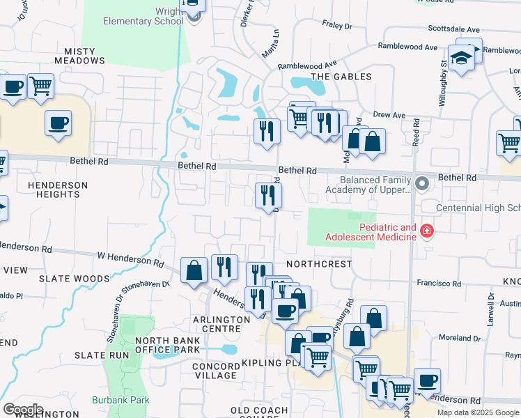 map of restaurants, bars, coffee shops, grocery stores, and more near 2102 Burgoyne Court in Columbus