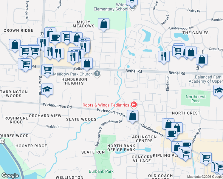 map of restaurants, bars, coffee shops, grocery stores, and more near 3418 Woodview Place in Columbus