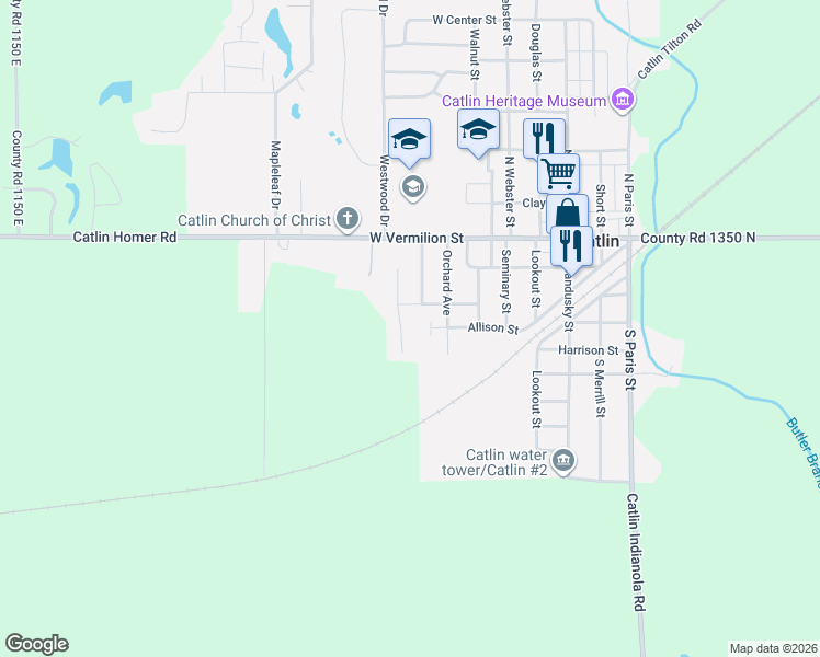 map of restaurants, bars, coffee shops, grocery stores, and more near 201 Martin Court in Catlin