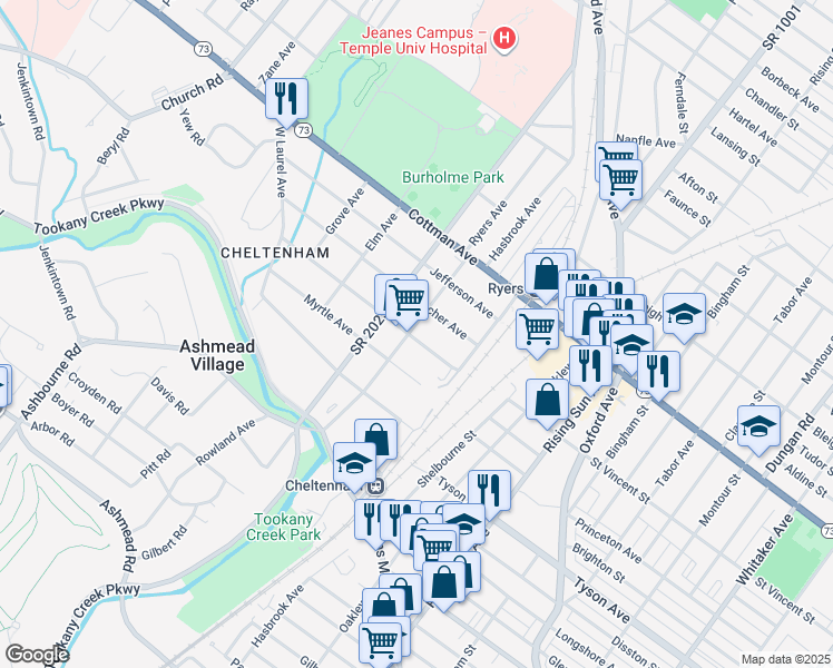 map of restaurants, bars, coffee shops, grocery stores, and more near 140 Franklin Avenue in Montgomery County