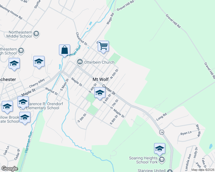 map of restaurants, bars, coffee shops, grocery stores, and more near 2 North 6th Street in Mount Wolf