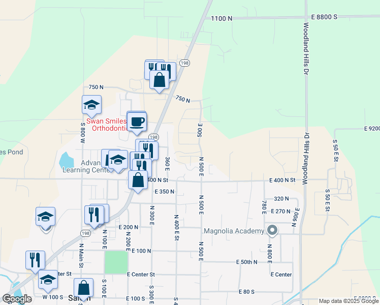 map of restaurants, bars, coffee shops, grocery stores, and more near 459 East 500 North in Salem