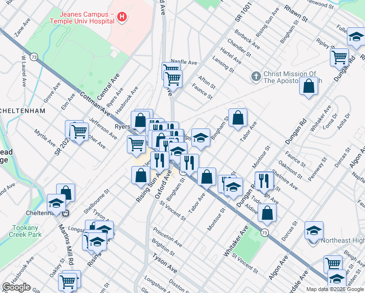 map of restaurants, bars, coffee shops, grocery stores, and more near 7330 Palmetto Street in Philadelphia