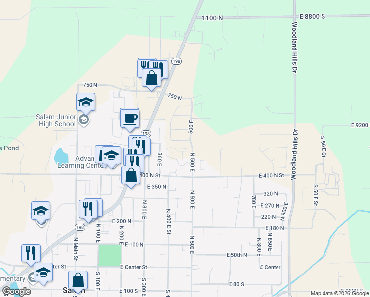 map of restaurants, bars, coffee shops, grocery stores, and more near 475 East 500 North in Salem