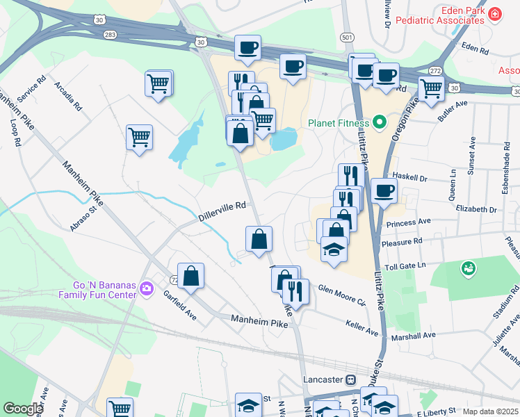 map of restaurants, bars, coffee shops, grocery stores, and more near 145 Maple Lane in Lancaster