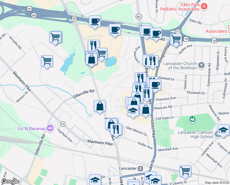 map of restaurants, bars, coffee shops, grocery stores, and more near 126 Glen Moore Circle in Lancaster