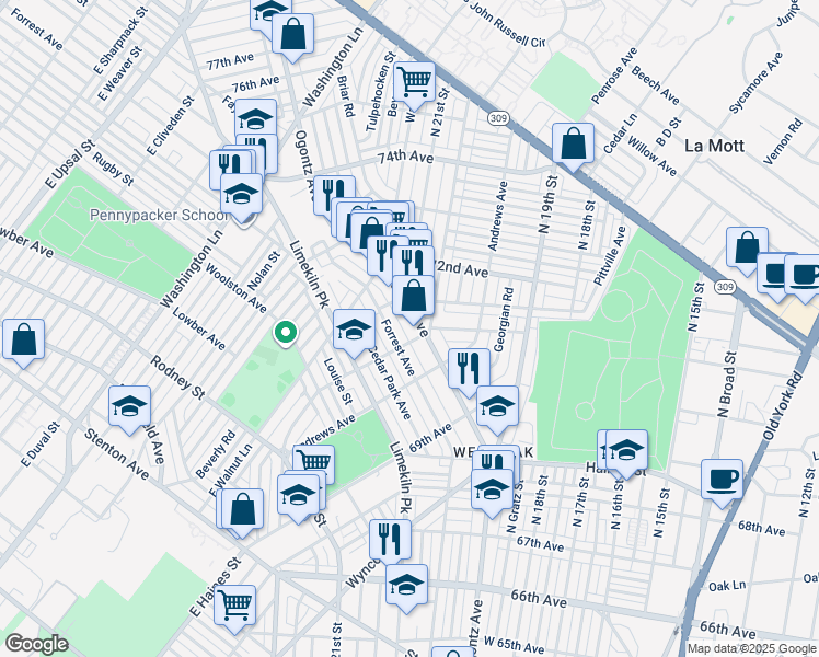 map of restaurants, bars, coffee shops, grocery stores, and more near 7114 Ogontz Avenue in Philadelphia
