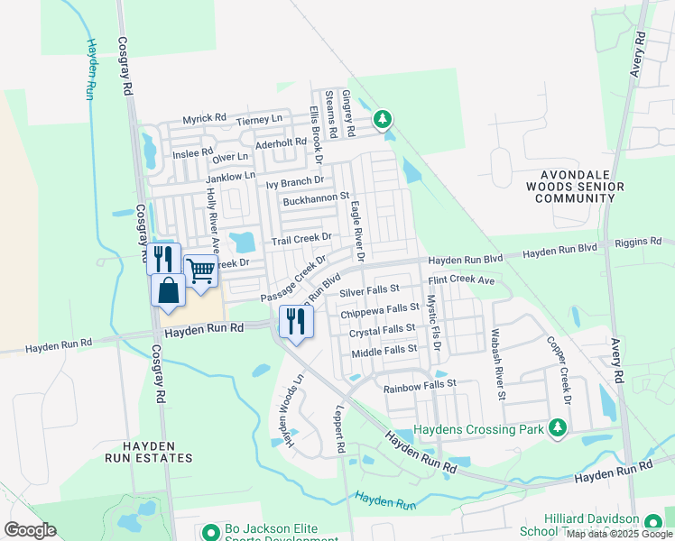 map of restaurants, bars, coffee shops, grocery stores, and more near 5730 Silver Falls Street in Dublin