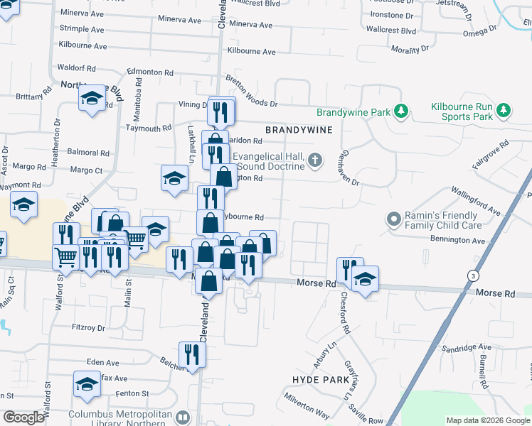map of restaurants, bars, coffee shops, grocery stores, and more near 2597 Clybourne Road in Columbus