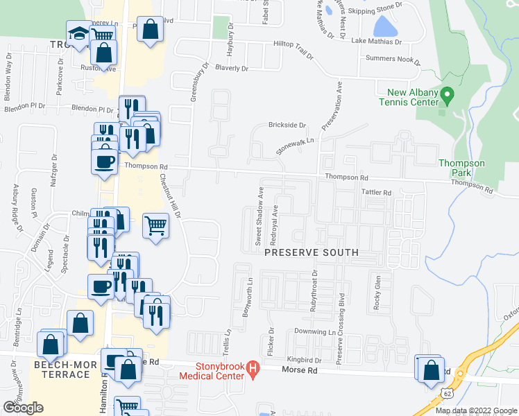 map of restaurants, bars, coffee shops, grocery stores, and more near Sweet Shadow Avenue in Columbus