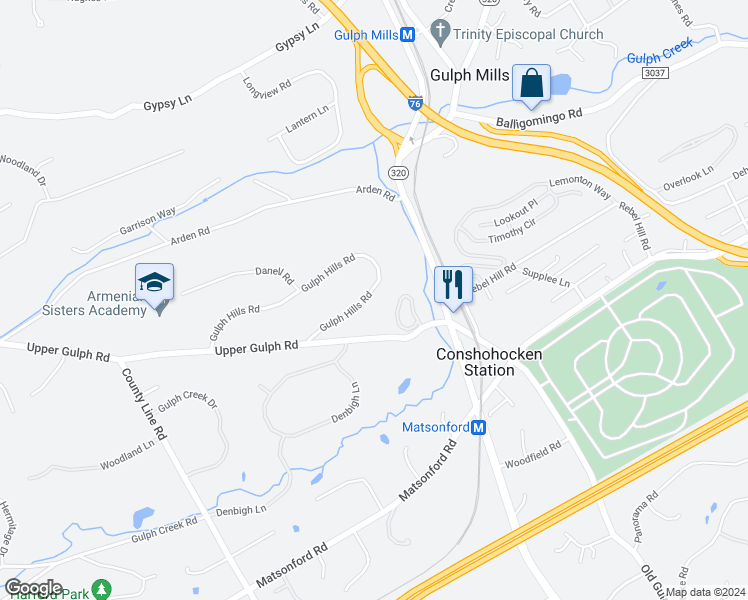 map of restaurants, bars, coffee shops, grocery stores, and more near 153 Gulph Hills Road in Wayne