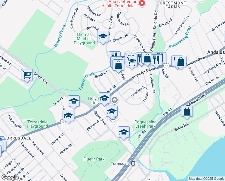 map of restaurants, bars, coffee shops, grocery stores, and more near 9872 Frankford Avenue in Philadelphia