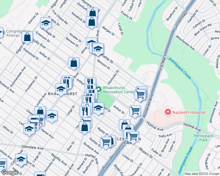 map of restaurants, bars, coffee shops, grocery stores, and more near 2206 Emerson Street in Philadelphia