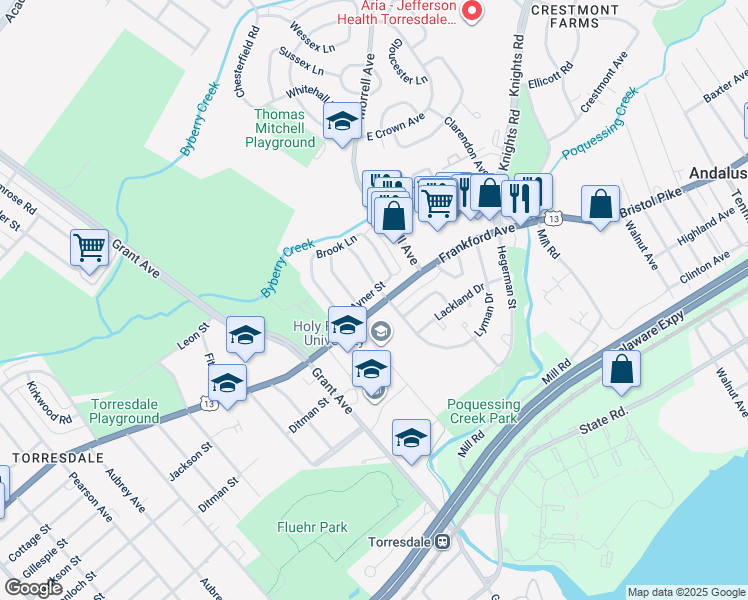 map of restaurants, bars, coffee shops, grocery stores, and more near 9872 Frankford Avenue in Philadelphia