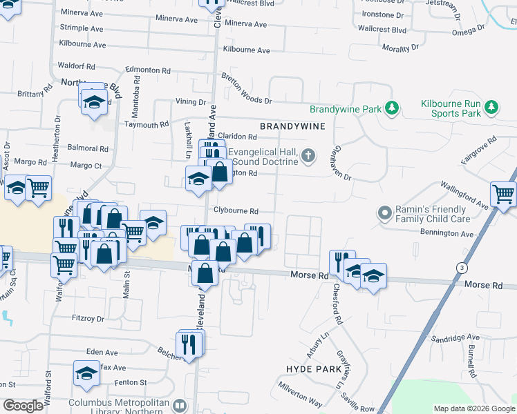 map of restaurants, bars, coffee shops, grocery stores, and more near 2597 Clybourne Road in Columbus