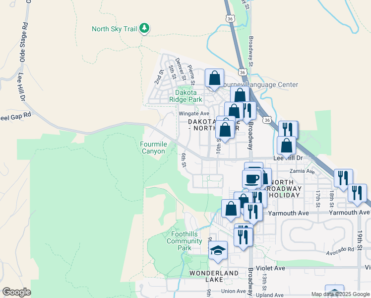 map of restaurants, bars, coffee shops, grocery stores, and more near 4845 6th Street in Boulder